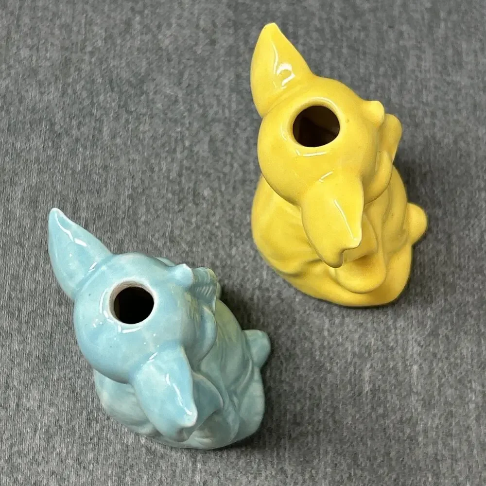 Vintage 2pc Ceramic Elephant Macrame Beads 2in Blue Yellow Crafting Supplies
